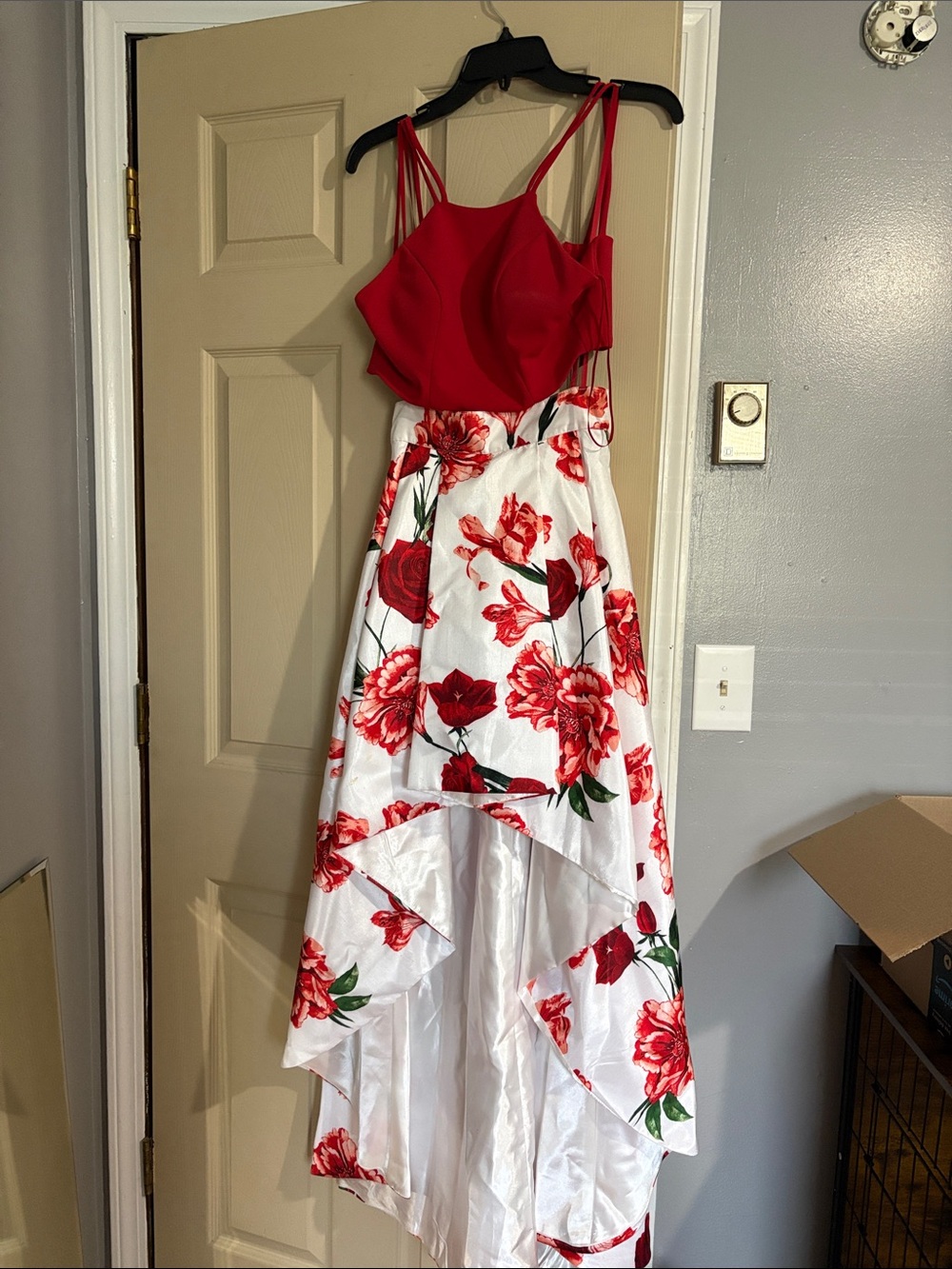 Red Strappy Bodice with White & Red Floral High-Low Skirt